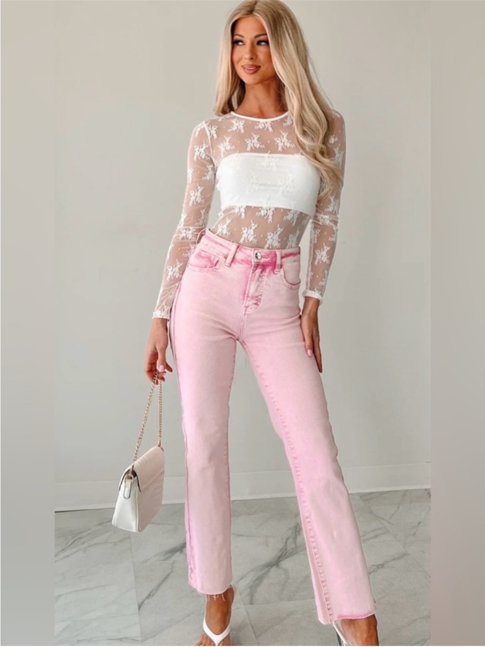 Risen Acid Pink High-Rise Straight Leg Jeans with Raw Hem